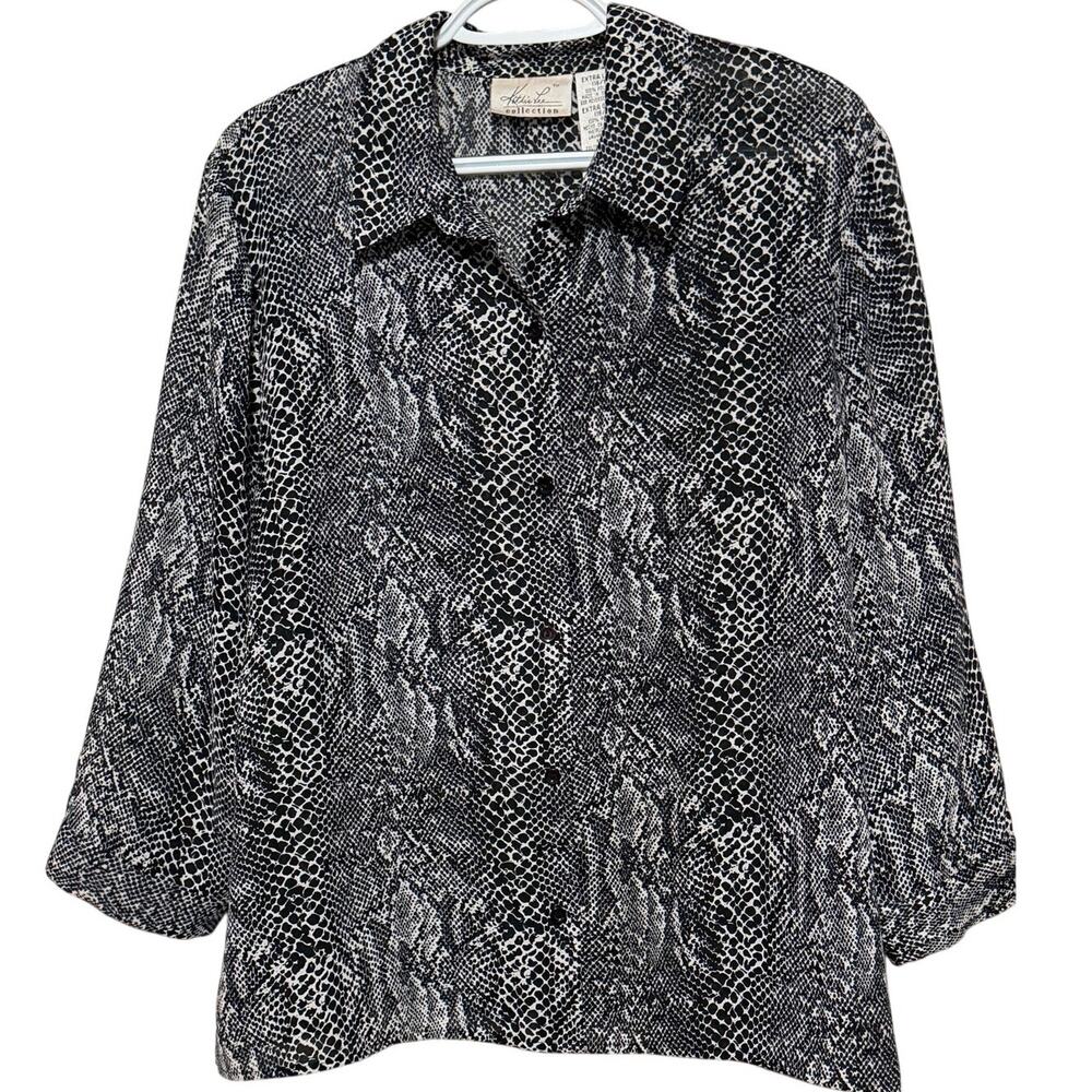 Kathie Lee Black White Snake Skin Long Sleeve Button Front Blouse Size XL 16/18